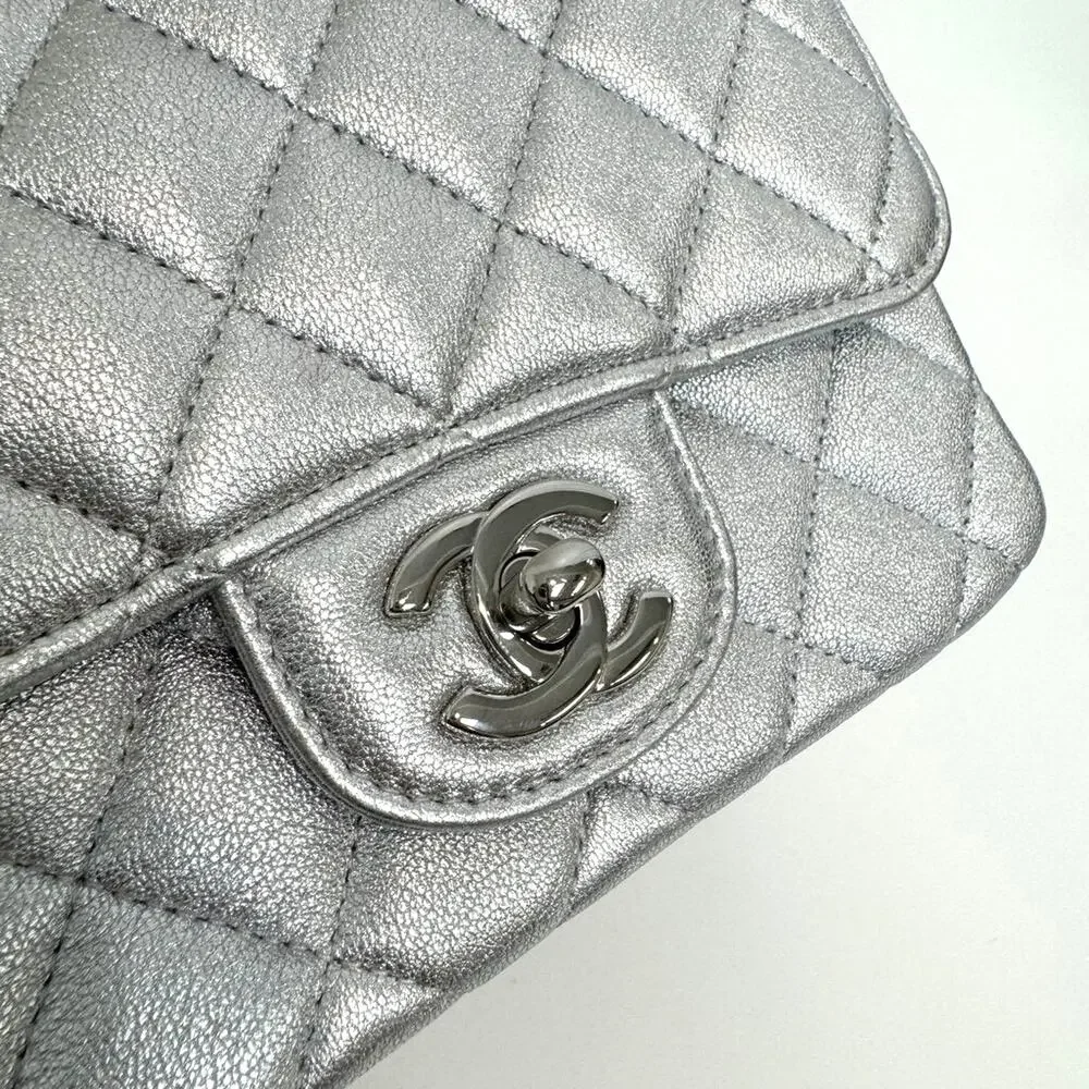 CHANEL Metallic Silver CC Logo Lambskin Quilted Mini Classic Flap Shoulder Bag